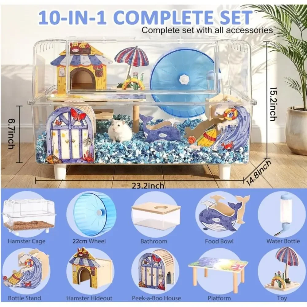 10-in-1 Acrylic Hamster Cage 2-Tier Habitat Kit Large 23” w/ Accessories